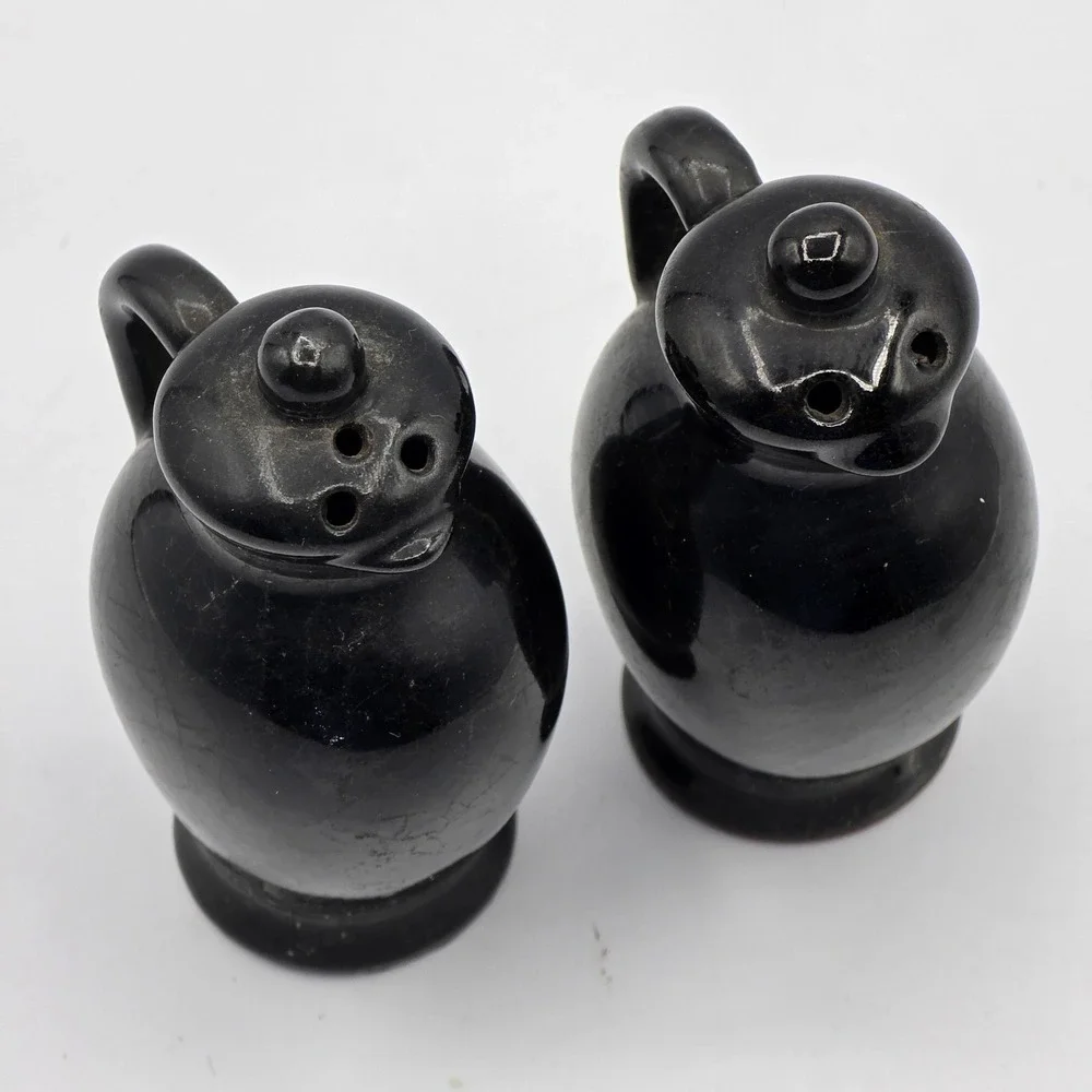 Vtg Black Glaze Ceramic Pottery Salt & Pepper Shakers Figural Jug Faces Set of 2